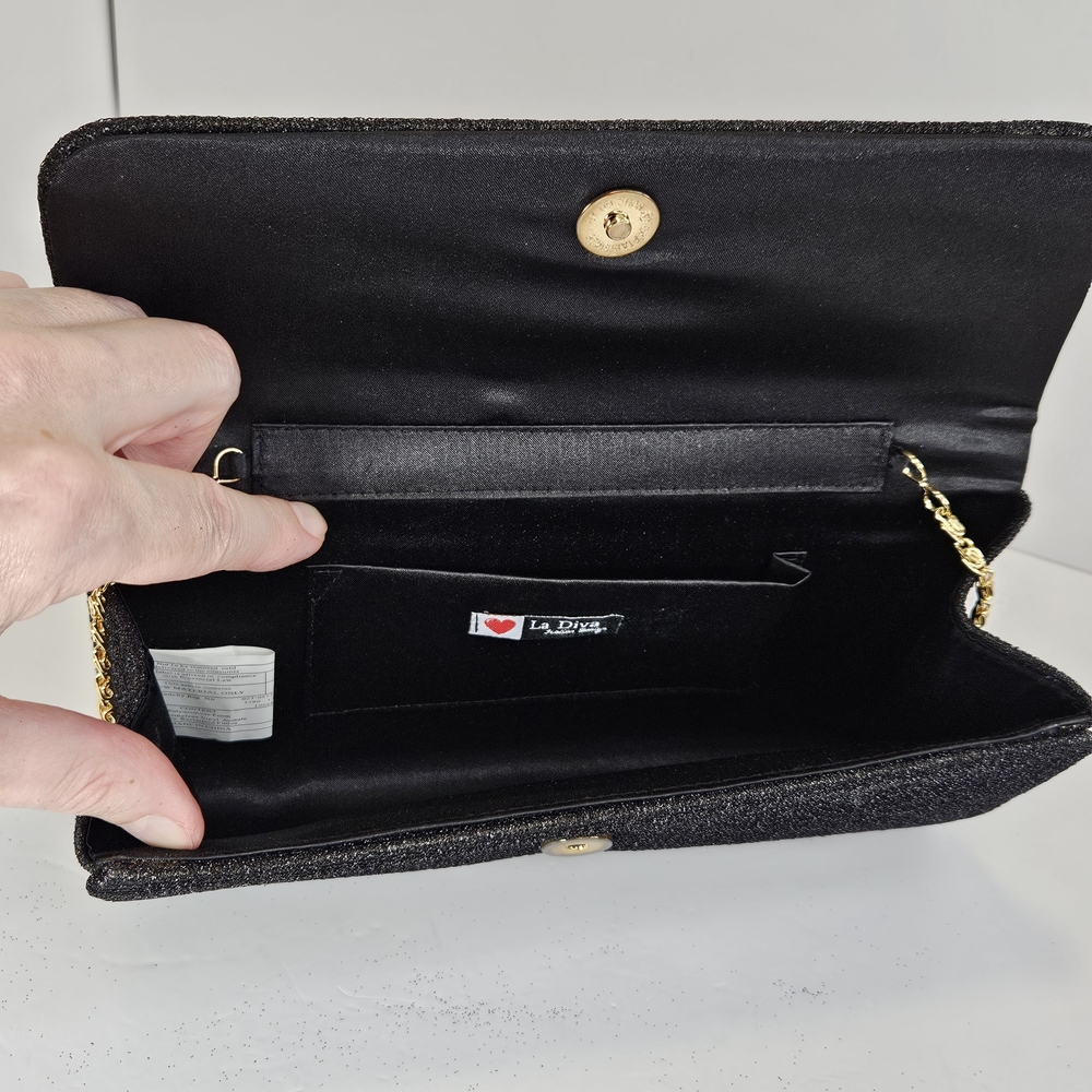La Diva Black Glitter Evening Bag Formal Sequin Clutch Shimmery Elegant Purse - Picture 6 of 16